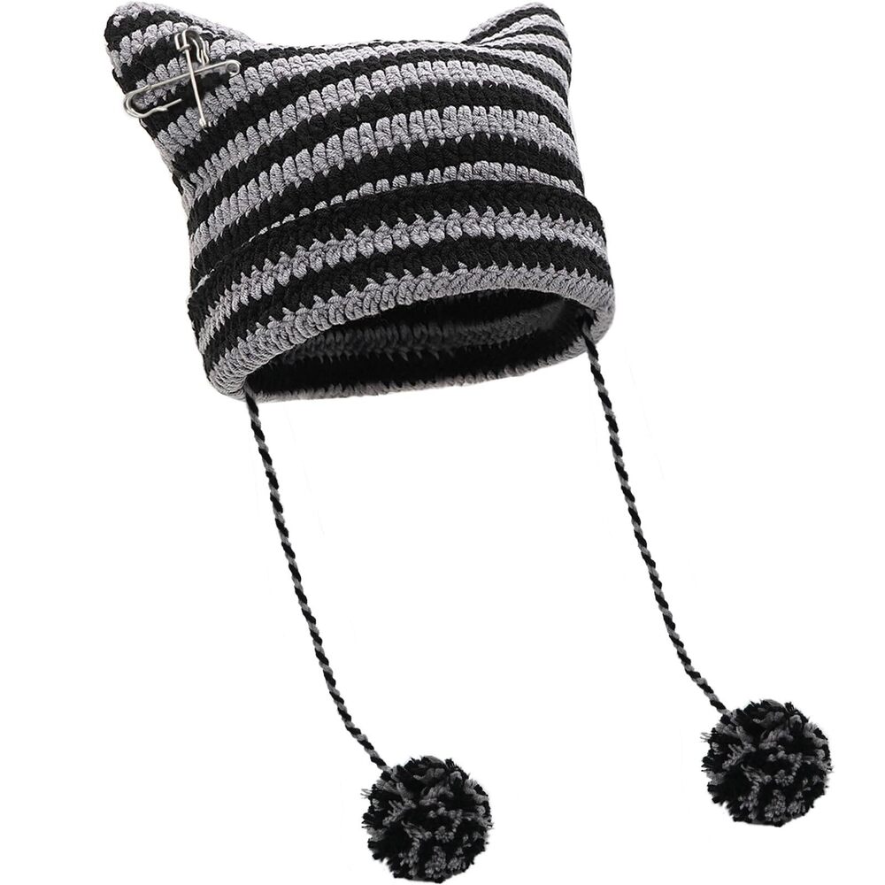 8519 Black Grey Crochet Hats Fox Knit Hat with Pompoms Grunge Goth